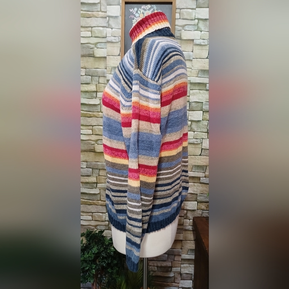 Vintage Y2K Large Chunky Turtleneck Sweater Multicolor Stripes - Picture 2 of 4